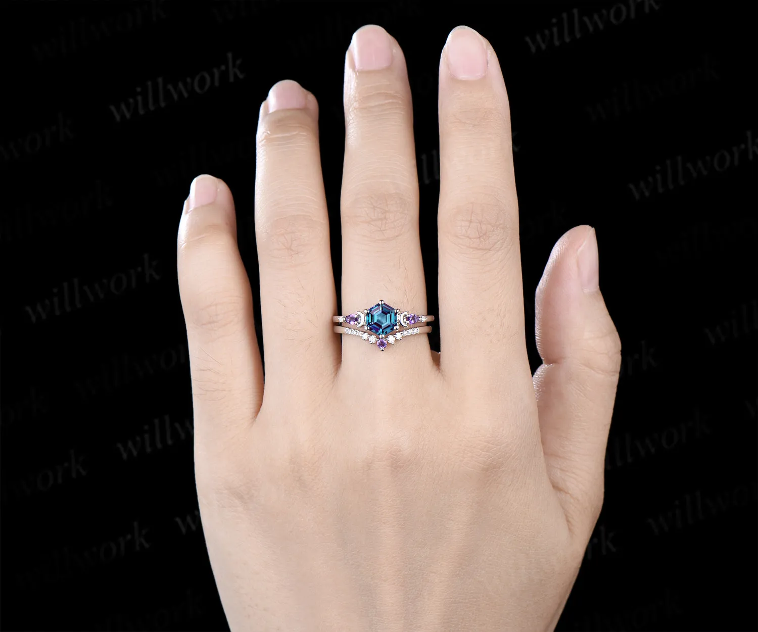 Unique hexagon cut alexandrite moon engagement ring set pear amethyst five stone ring moissanite wedding band bridal set sold by Willwork Jewelry product image thumbnail 2