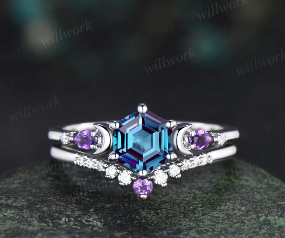 Unique hexagon cut alexandrite moon engagement ring set pear amethyst five stone ring moissanite wedding band bridal set sold by Willwork Jewelry