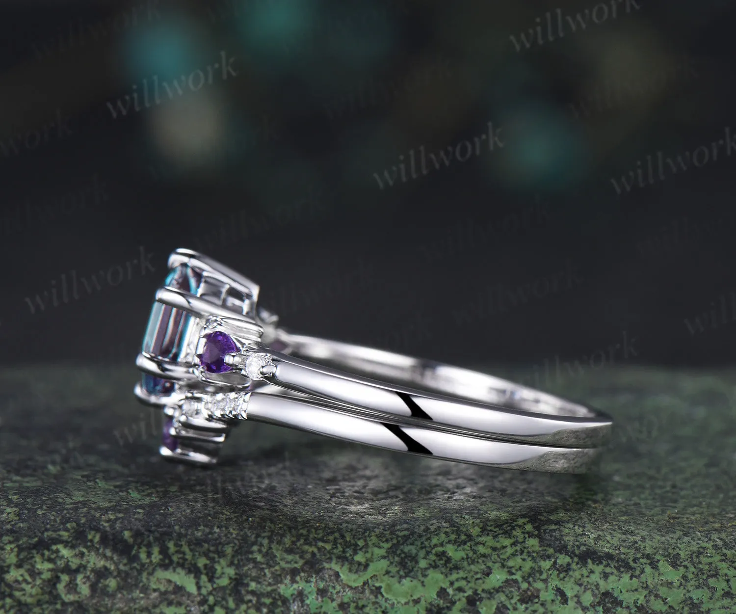 Unique hexagon cut alexandrite moon engagement ring set pear amethyst five stone ring moissanite wedding band bridal set sold by Willwork Jewelry product image thumbnail 5