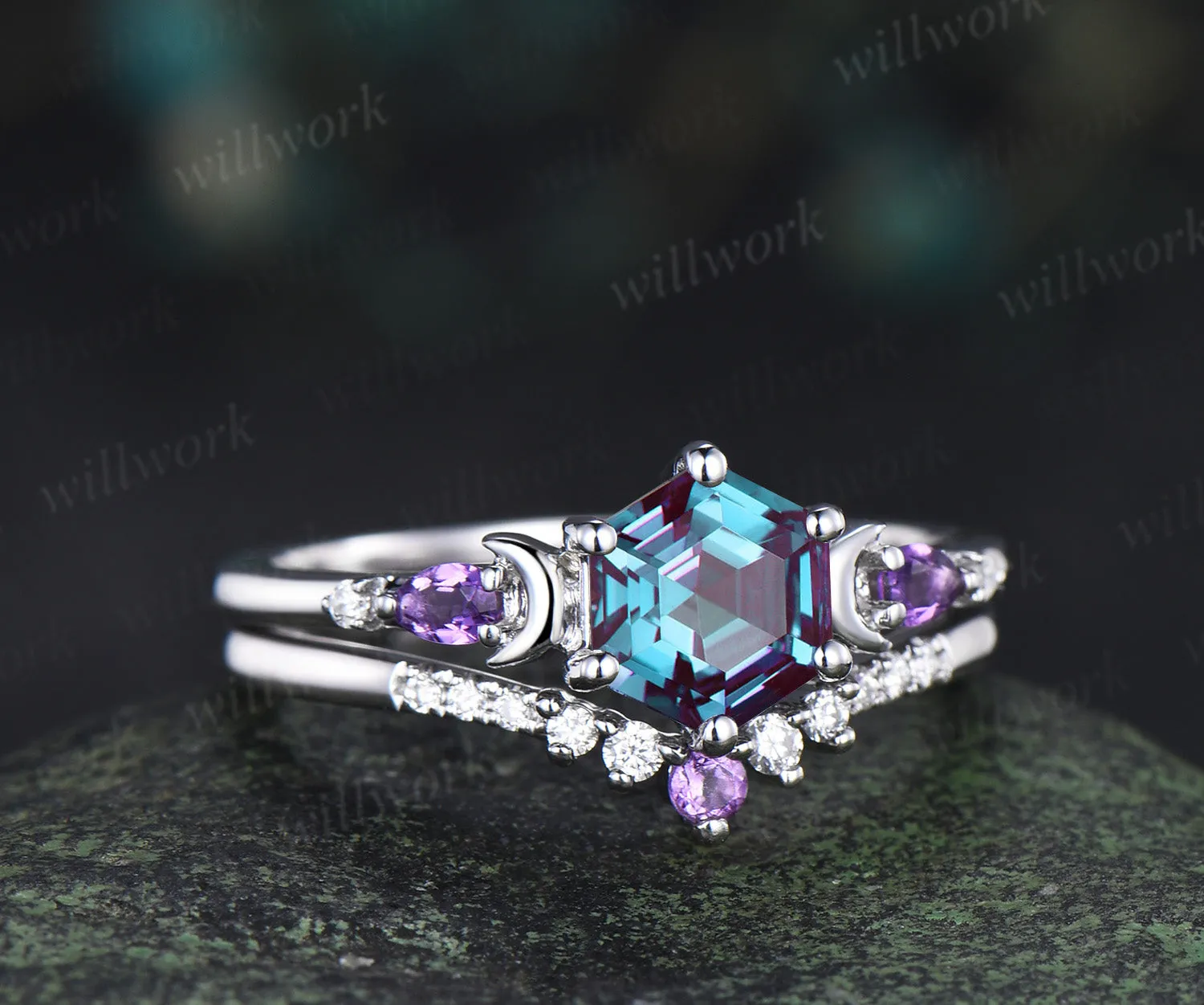 Unique hexagon cut alexandrite moon engagement ring set pear amethyst five stone ring moissanite wedding band bridal set sold by Willwork Jewelry product image thumbnail 3