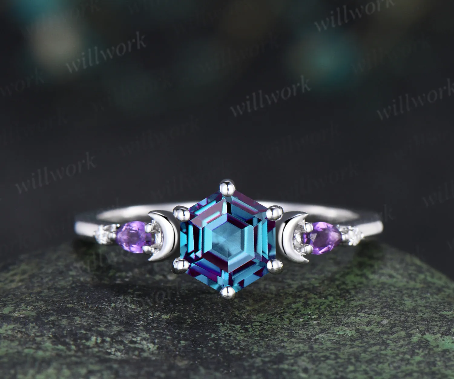 Unique hexagon cut alexandrite moon engagement ring set pear amethyst five stone ring moissanite wedding band bridal set sold by Willwork Jewelry product image thumbnail 4