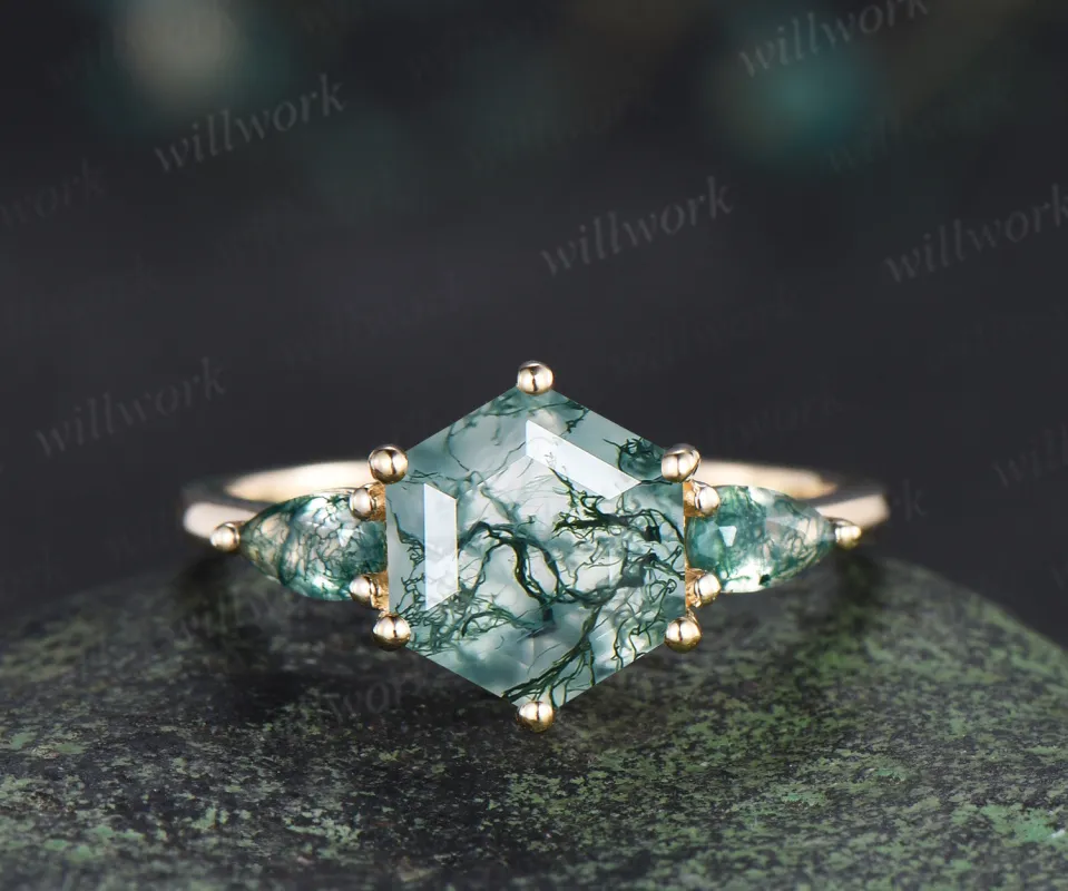 Hexagon moss agate engagement ring classic three stone pear moss agate ring green gemstone bridal ring sold by Willwork Jewelry