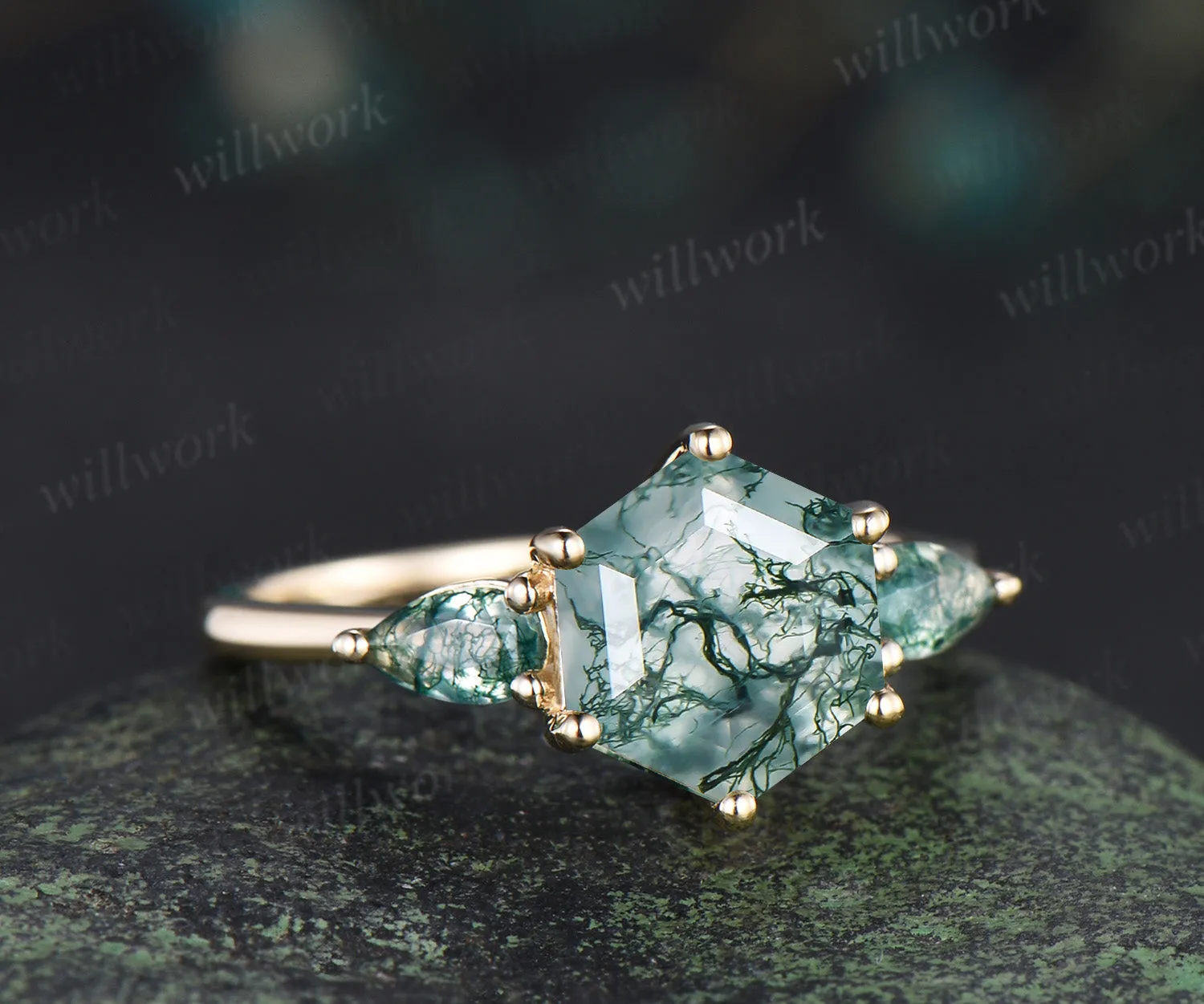 Hexagon moss agate engagement ring classic three stone pear moss agate ring green gemstone bridal ring sold by Willwork Jewelry product image thumbnail 3