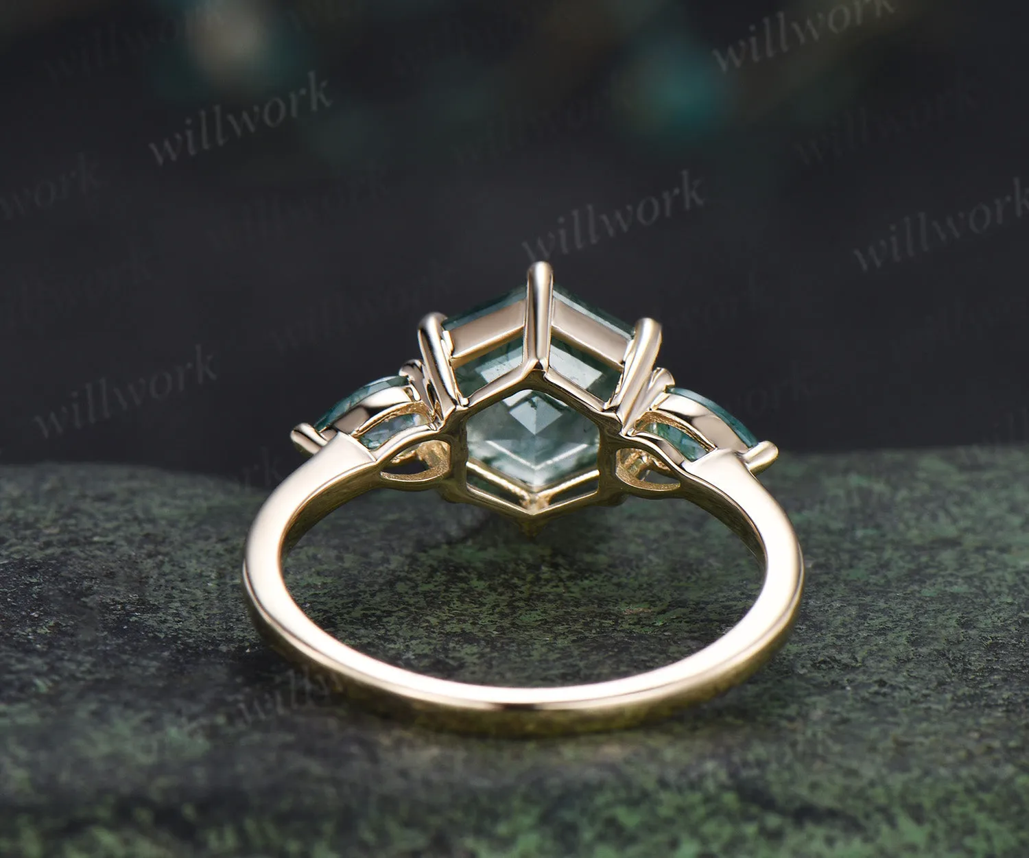 Hexagon moss agate engagement ring classic three stone pear moss agate ring green gemstone bridal ring sold by Willwork Jewelry product image thumbnail 5
