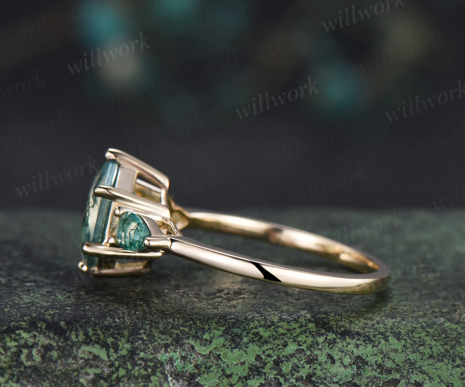 Hexagon moss agate engagement ring classic three stone pear moss agate ring green gemstone bridal ring sold by Willwork Jewelry product image thumbnail 4
