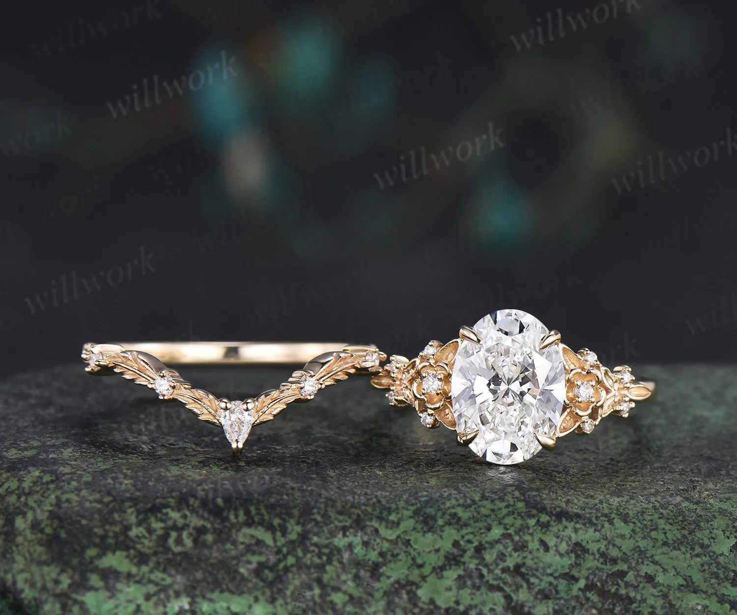 Oval cut IGI Certified Lab grown diamond Engagement Ring Set Nature inspired Leaf Froral Diamonds Bridal Set sold by Willwork Jewelry product image thumbnail 4