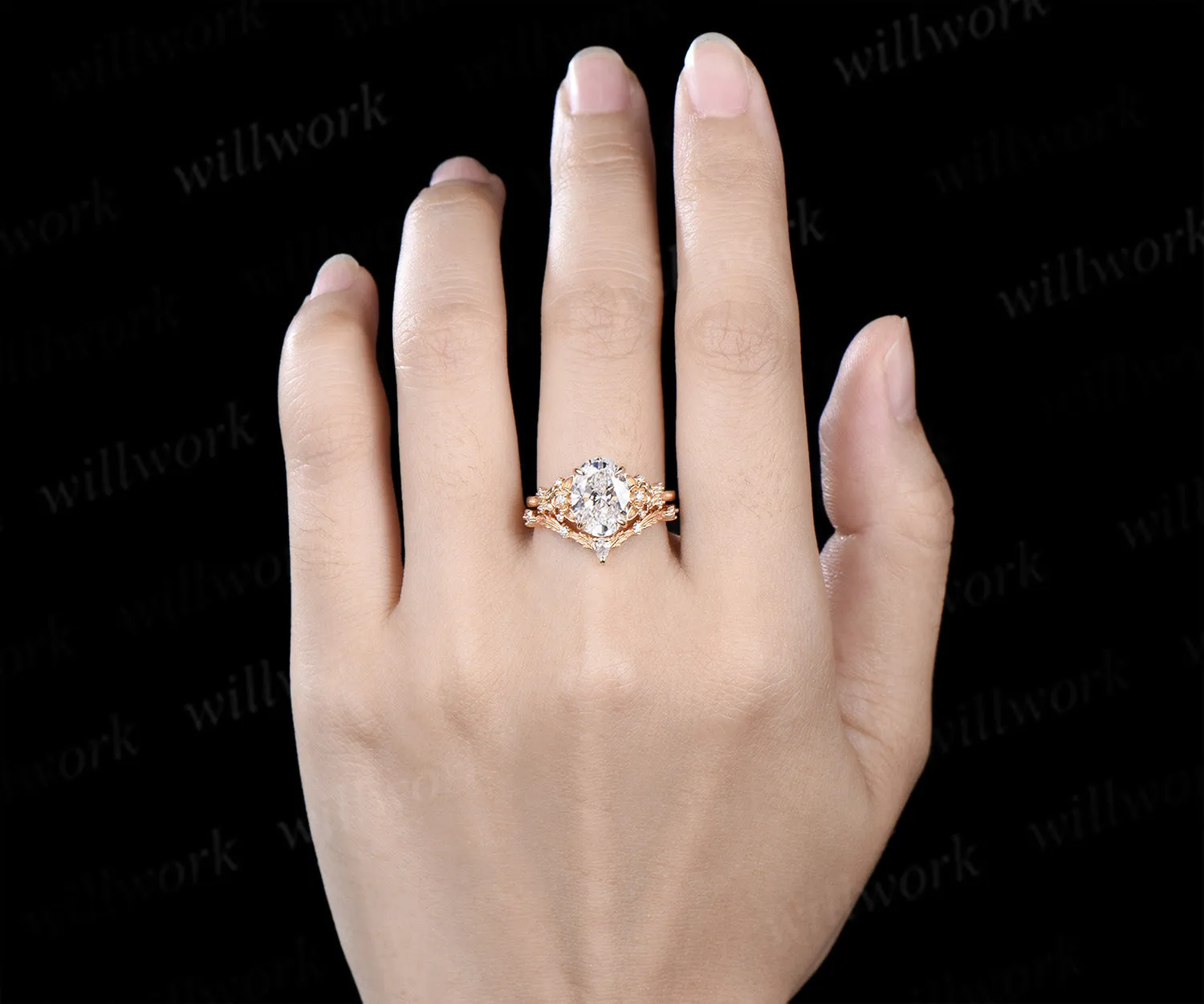 Oval cut IGI Certified Lab grown diamond Engagement Ring Set Nature inspired Leaf Froral Diamonds Bridal Set sold by Willwork Jewelry product image thumbnail 2