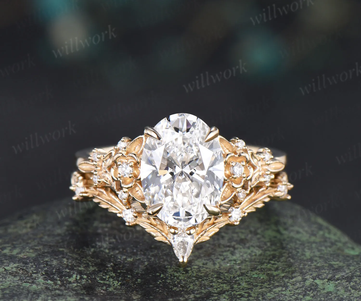 Oval cut IGI Certified Lab grown diamond Engagement Ring Set Nature inspired Leaf Froral Diamonds Bridal Set sold by Willwork Jewelry