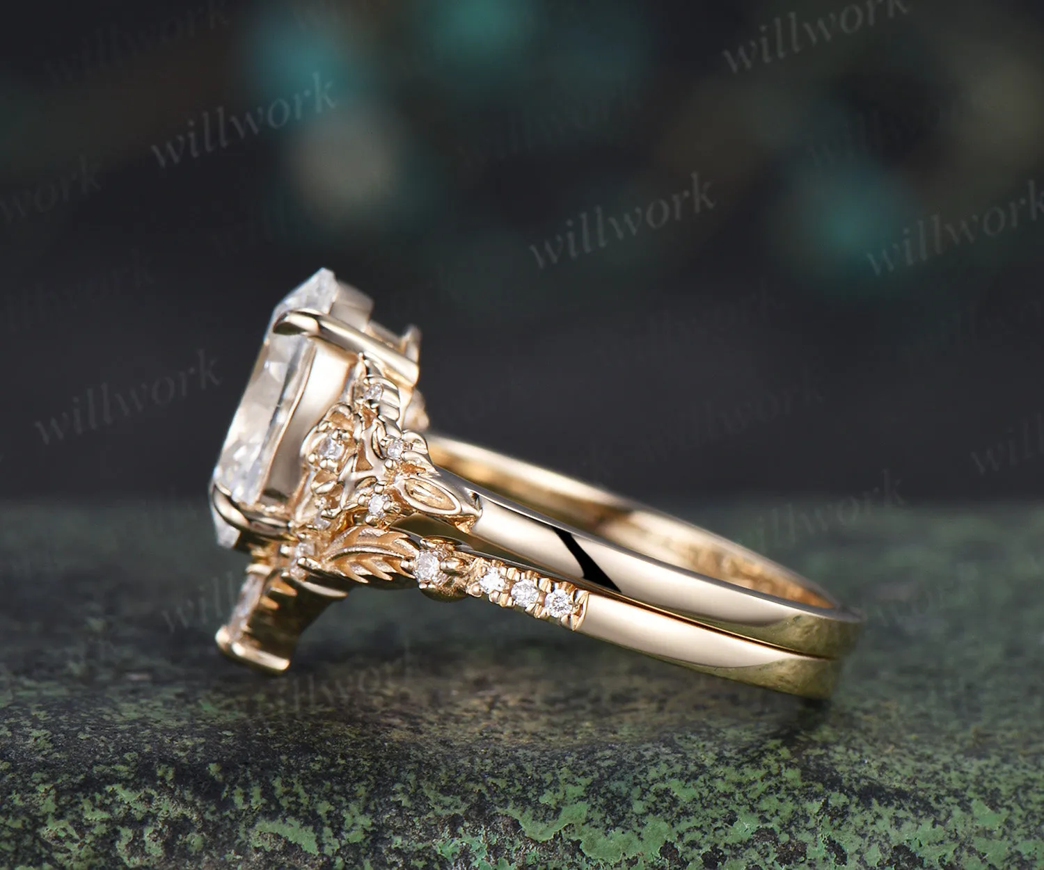 Oval cut IGI Certified Lab grown diamond Engagement Ring Set Nature inspired Leaf Froral Diamonds Bridal Set sold by Willwork Jewelry product image thumbnail 3