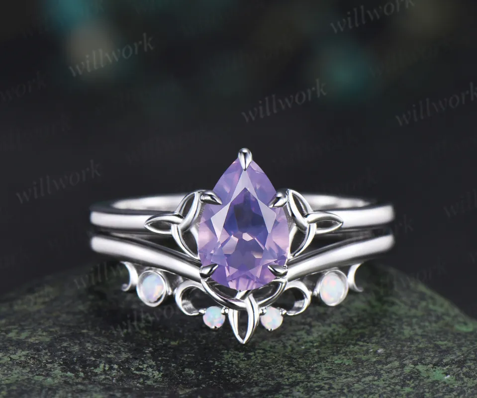 Unique pear lavender amethyst engagement ring set Celtic Knot Norse Viking ring band vintage moissanite wedding ring set sold by Willwork Jewelry