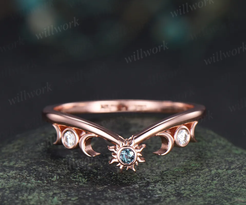 Dainty alexandrite sun moon wedding band bezel moissanite crescent curved stacking ring unique wedding ring for women sold by Willwork Jewelry