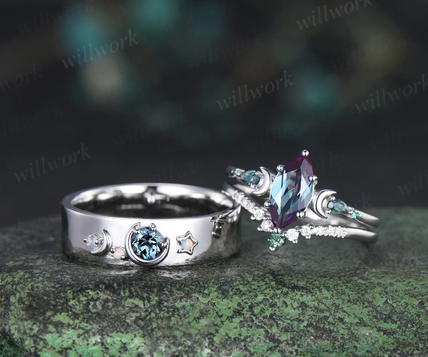 Marquise Alexandrite Art Deco Moon Engagement Ring Set & Matching Alexandrite Moon Star Men Wedding Ring Couple Ring Set sold by Willwork Jewelry product image thumbnail 4