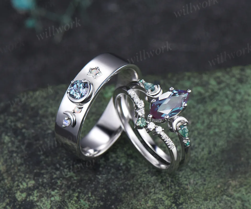 Marquise Alexandrite Art Deco Moon Engagement Ring Set & Matching Alexandrite Moon Star Men Wedding Ring Couple Ring Set sold by Willwork Jewelry