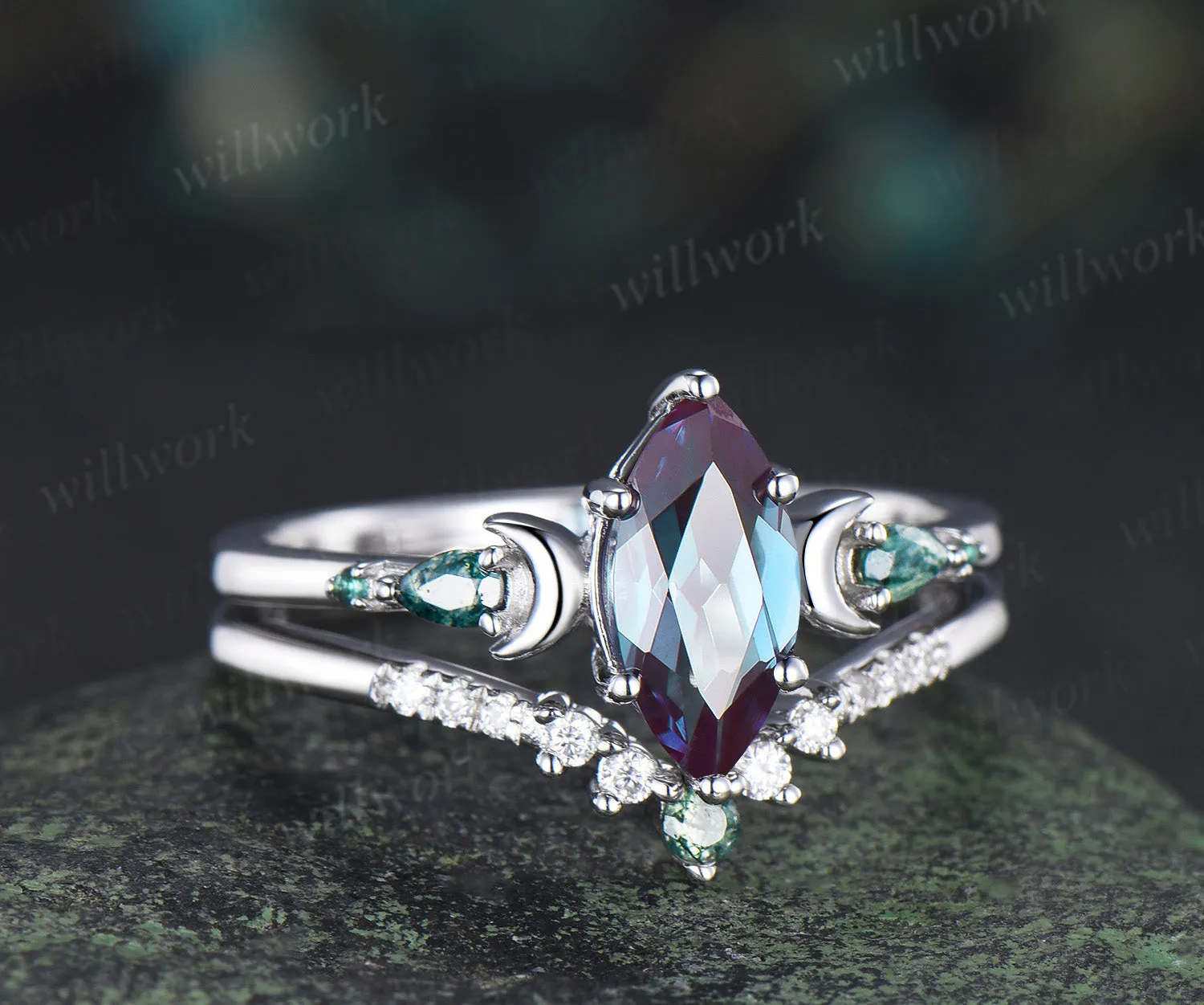 Marquise Alexandrite Art Deco Moon Engagement Ring Set & Matching Alexandrite Moon Star Men Wedding Ring Couple Ring Set sold by Willwork Jewelry product image thumbnail 5