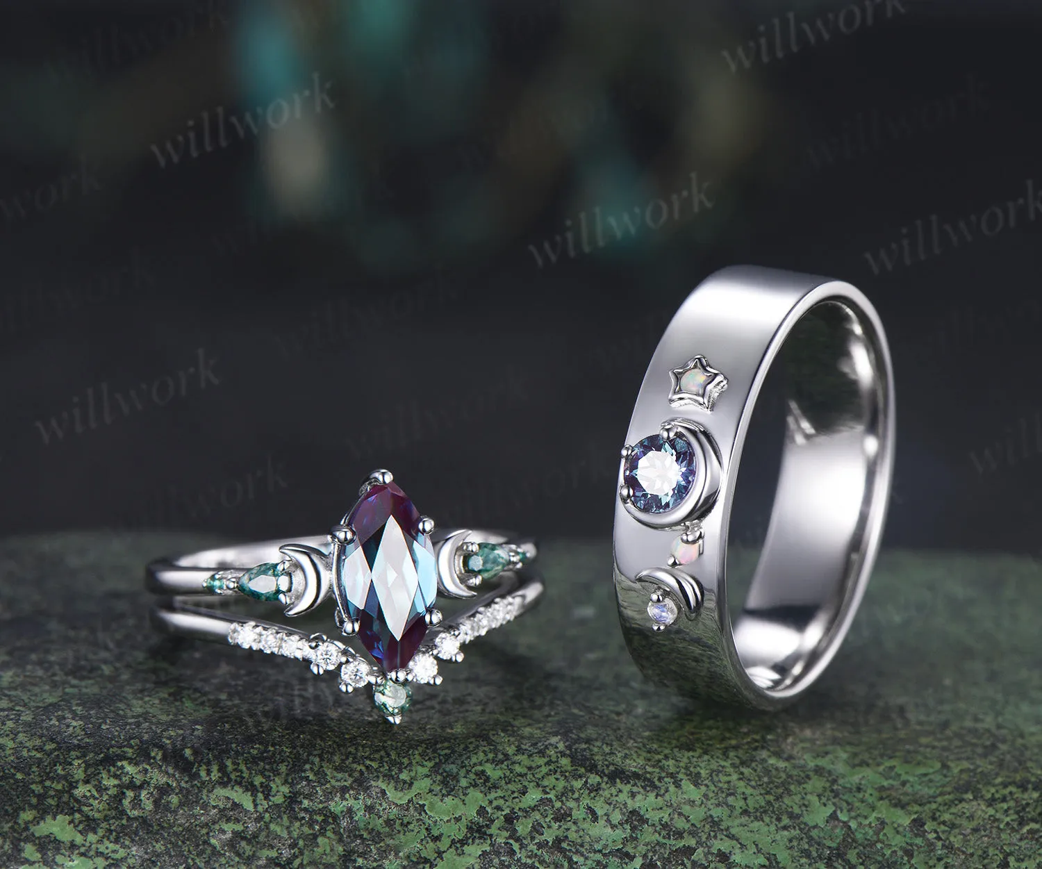 Marquise Alexandrite Art Deco Moon Engagement Ring Set & Matching Alexandrite Moon Star Men Wedding Ring Couple Ring Set sold by Willwork Jewelry product image thumbnail 3