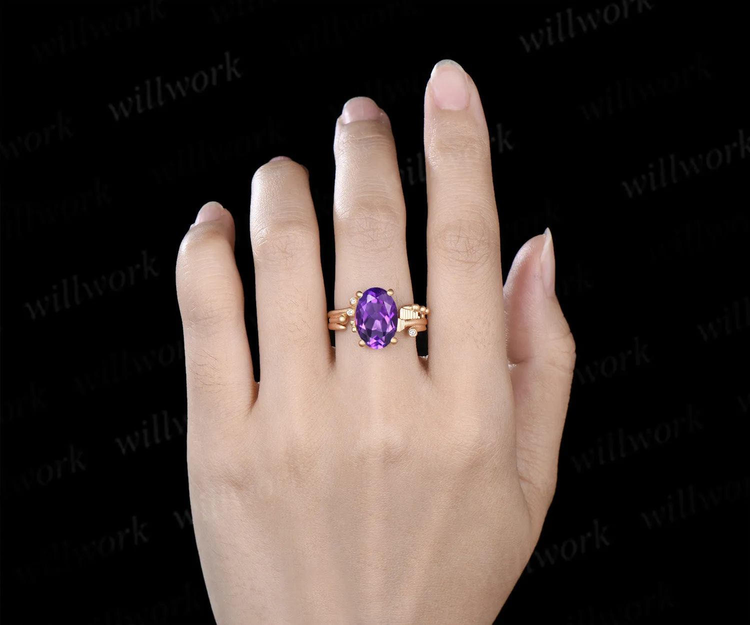 Unique oval amethyst wngagement ring art deco frosted split shank ring with moissanite accents crystal promise ring for women sold by Willwork Jewelry product image thumbnail 2
