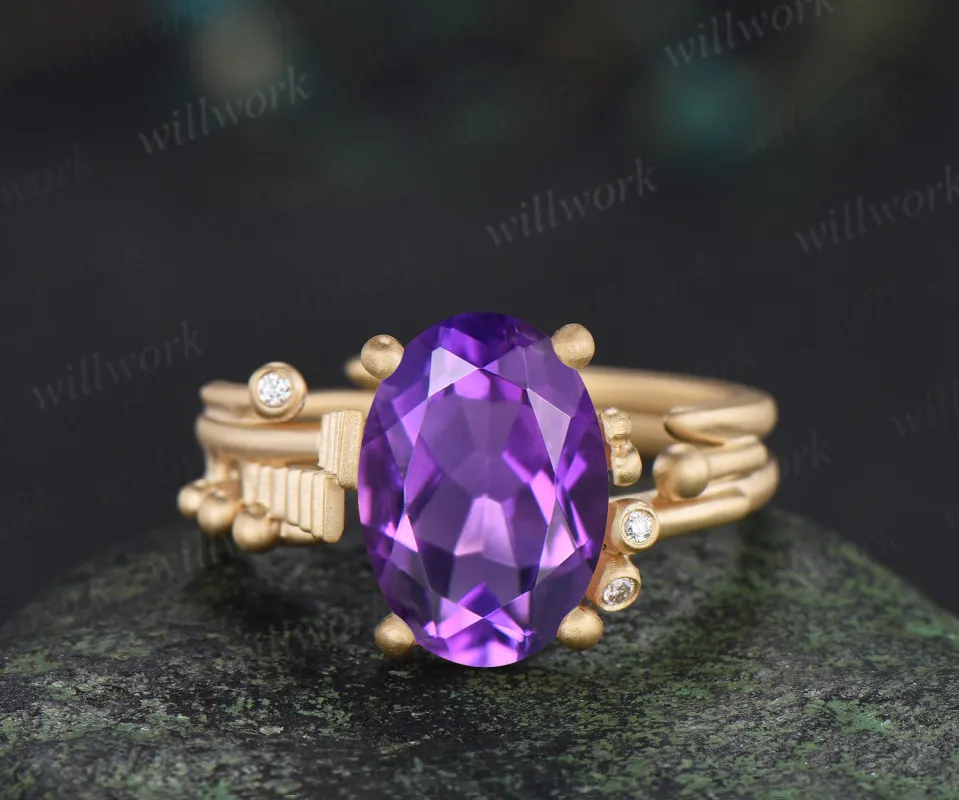 Unique oval amethyst wngagement ring art deco frosted split shank ring with moissanite accents crystal promise ring for women made by Willwork Jewelry