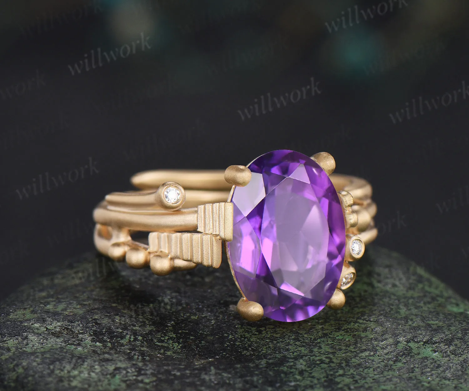 Unique oval amethyst wngagement ring art deco frosted split shank ring with moissanite accents crystal promise ring for women sold by Willwork Jewelry product image thumbnail 3
