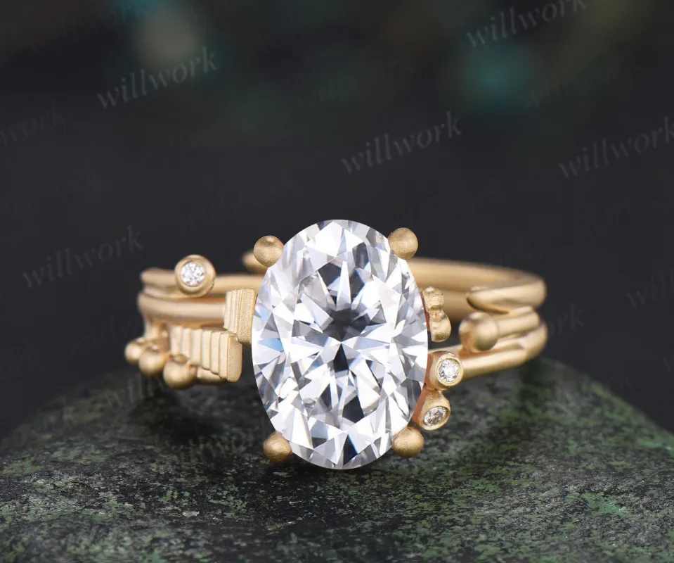 Unique oval moisanite engagement ring art deco frosted gold split shank wedding ring geometric inspired promise ring for women made by Willwork Jewelry