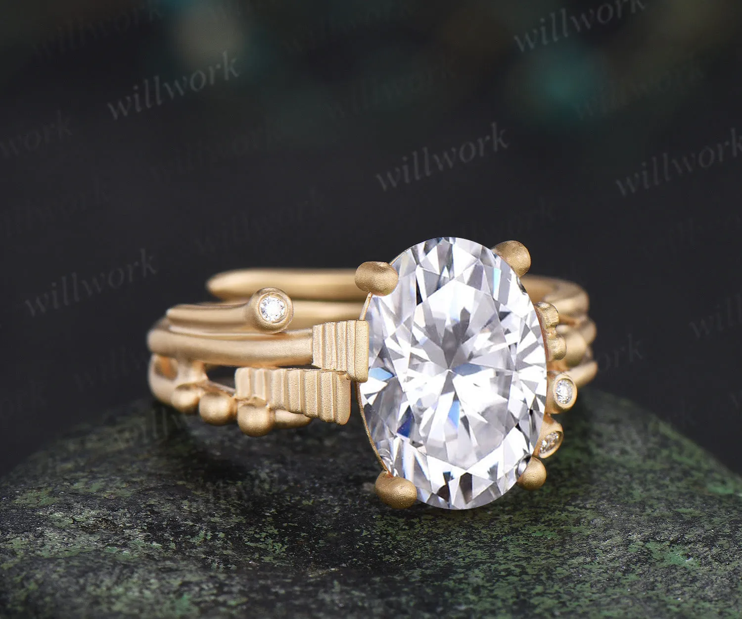 Unique oval moisanite engagement ring art deco frosted gold split shank wedding ring geometric inspired promise ring for women sold by Willwork Jewelry product image thumbnail 3
