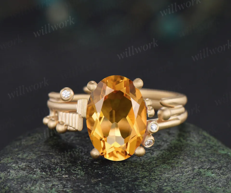 Oval citrine art deco engagement ring frosted gold geometric wedding ring with moissanite accents Nov. birthstone gifts made by Willwork Jewelry