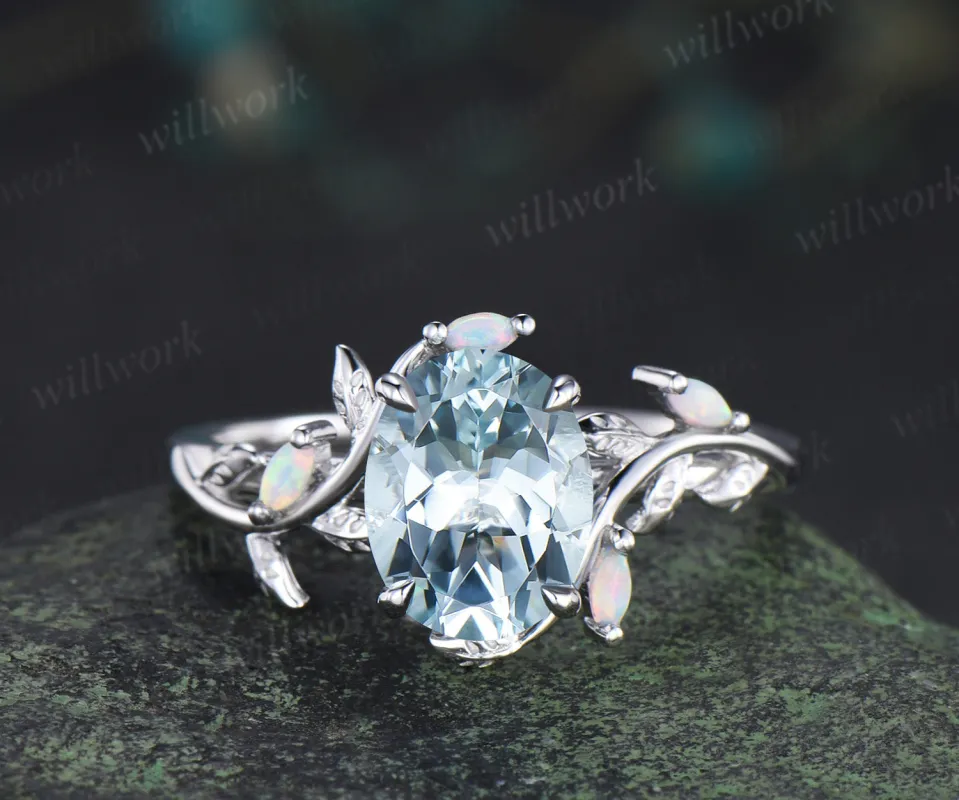 8x10mm oval natural aquamarine ring marquise opal leaf twig engagement ring nature inspired March jewelry gifts made by Willwork Jewelry