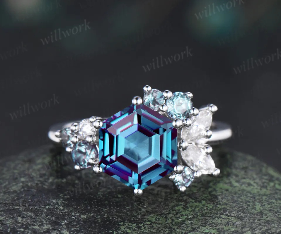 Unique hexagon cut alexandrite ring moissanite alexandrite cluster engagement ring color change gemstone jewelry gifts sold by Willwork Jewelry