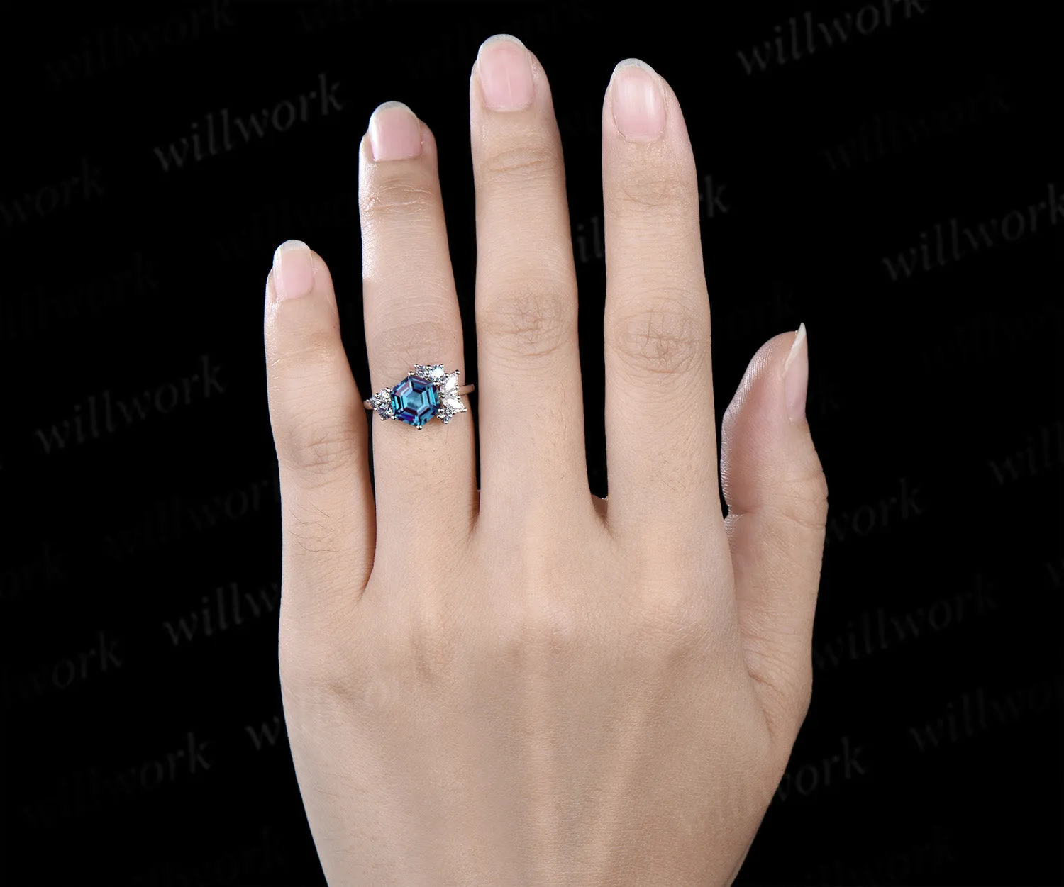 Unique hexagon cut alexandrite ring moissanite alexandrite cluster engagement ring color change gemstone jewelry gifts sold by Willwork Jewelry product image thumbnail 2