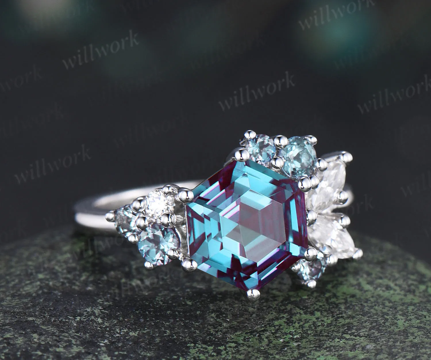 Unique hexagon cut alexandrite ring moissanite alexandrite cluster engagement ring color change gemstone jewelry gifts sold by Willwork Jewelry product image thumbnail 3