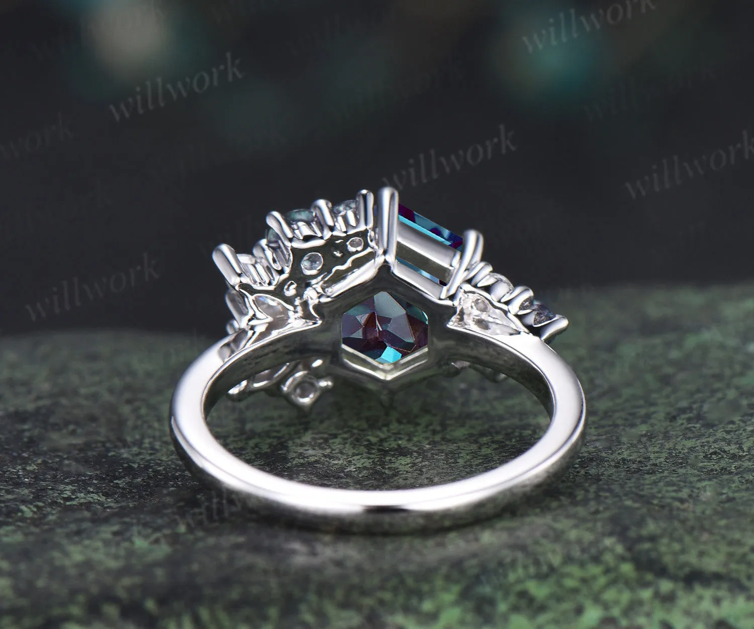 Unique hexagon cut alexandrite ring moissanite alexandrite cluster engagement ring color change gemstone jewelry gifts sold by Willwork Jewelry product image thumbnail 5