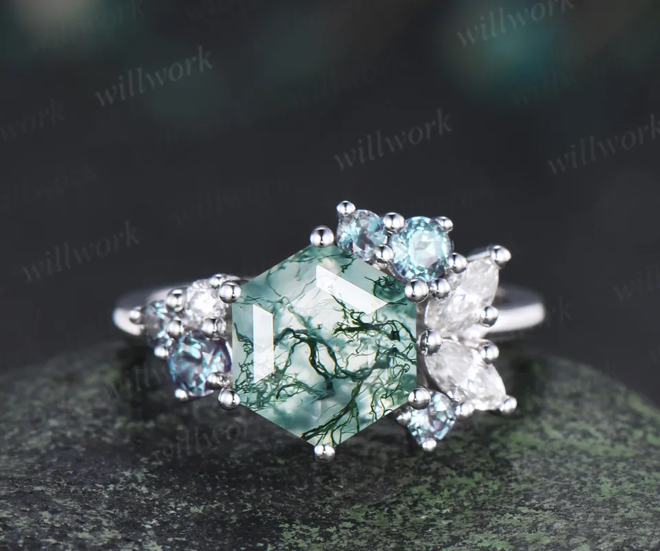 Hexagon cut natural moss agate engagement ring cluster alexandrite marquise moissanite promise wedding ring sold by Willwork Jewelry