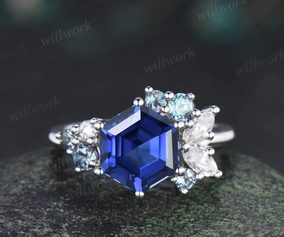 Hexagon cut blue sapphire engagement ring unique cluster alexandrite marquise moissanite bridal wedding ring sold by Willwork Jewelry