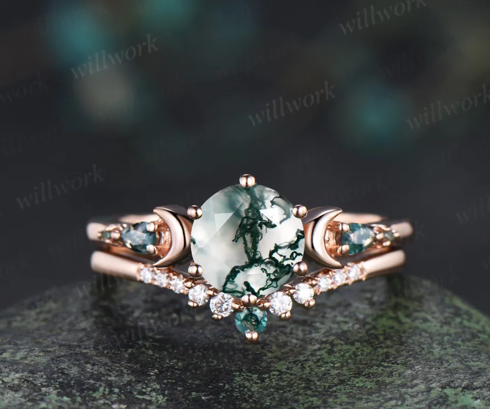 Round cut natural moss agate ring five stone moon 14k rose gold engagement ring set unique wedding ring set sold by Willwork Jewelry