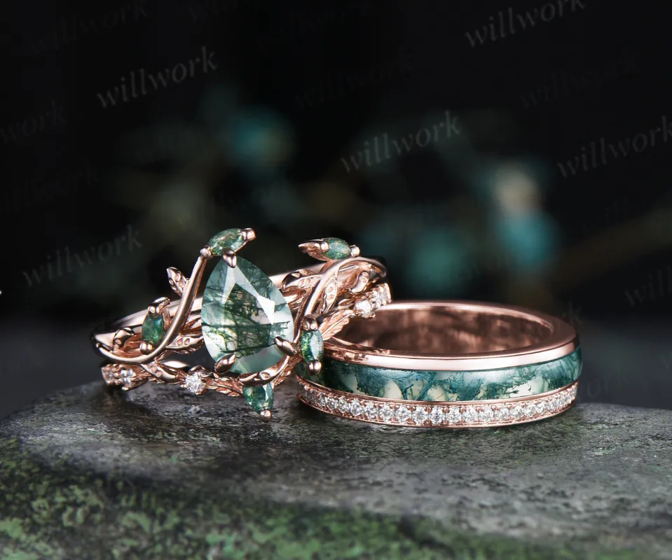 Pear Moss Agate Twig Leaf Ring Set & Full Eternity Moss Agate Moissanites Men Wedding Ring Unique Couple Ring Set sold by Willwork Jewelry