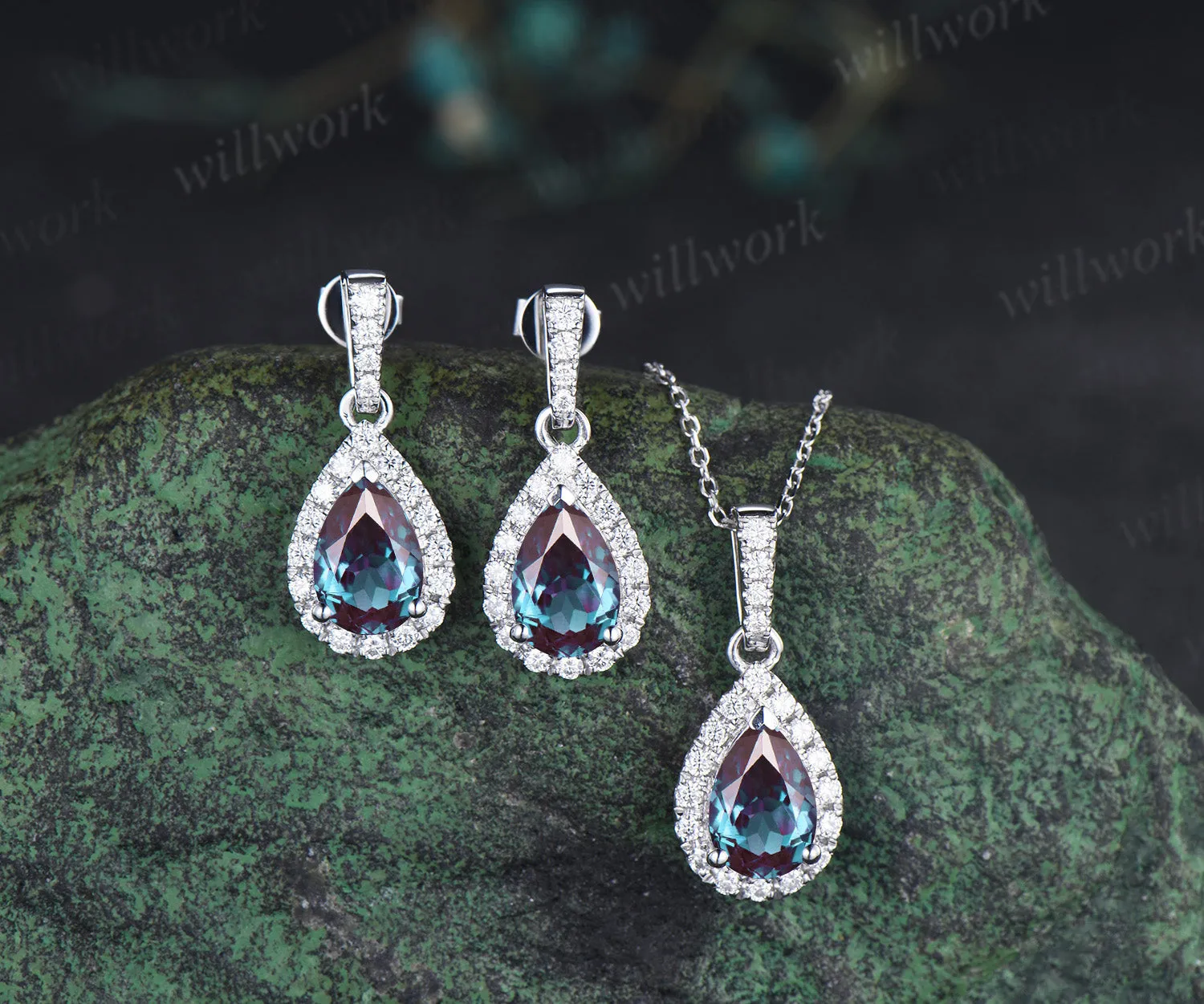 Vintage pear alexandrite moisanite halo earrings necklace set color change gemstone jewelry set birthday anniversary gifts sold by Willwork Jewelry