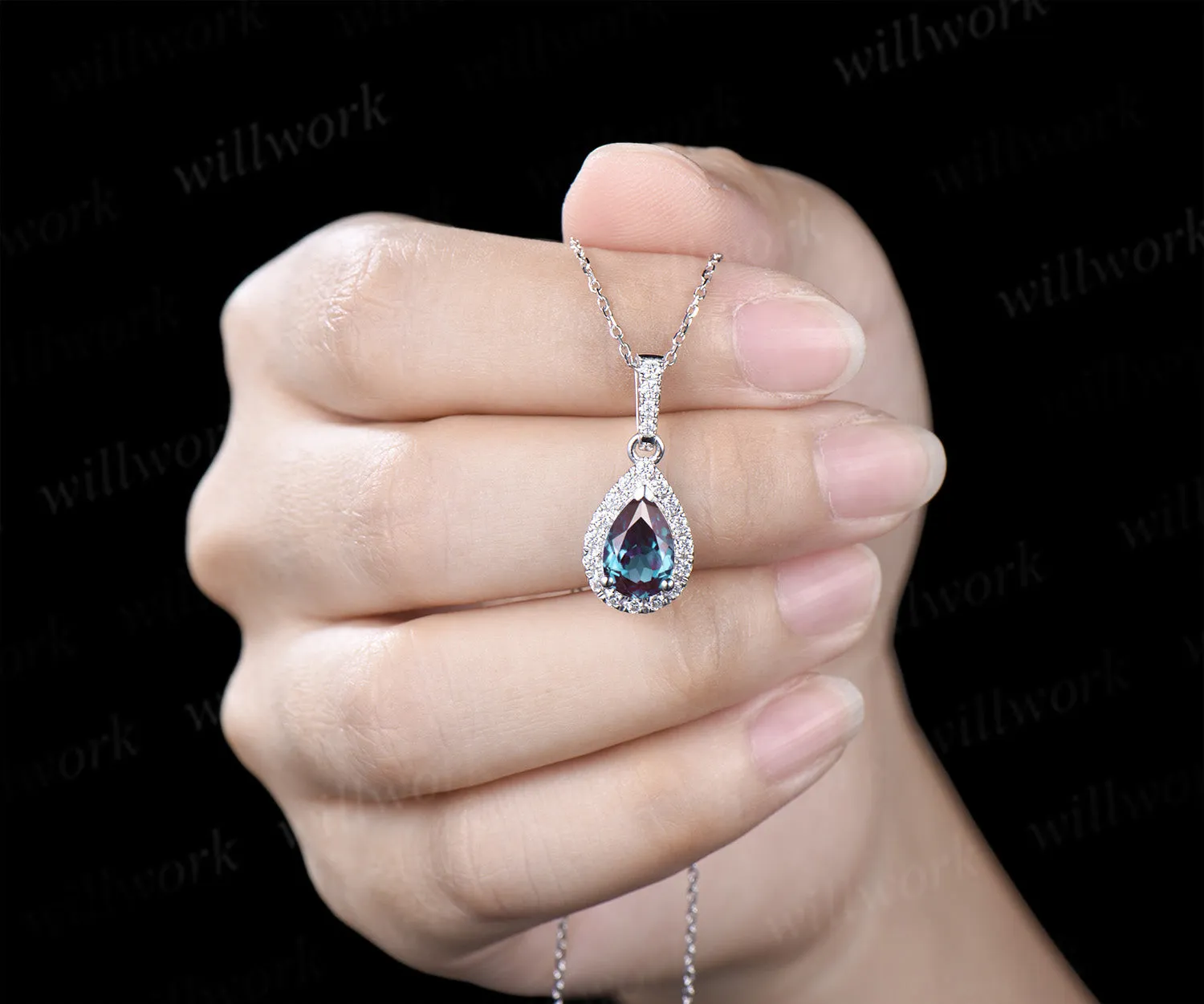 Vintage pear alexandrite moisanite halo earrings necklace set color change gemstone jewelry set birthday anniversary gifts sold by Willwork Jewelry product image thumbnail 5
