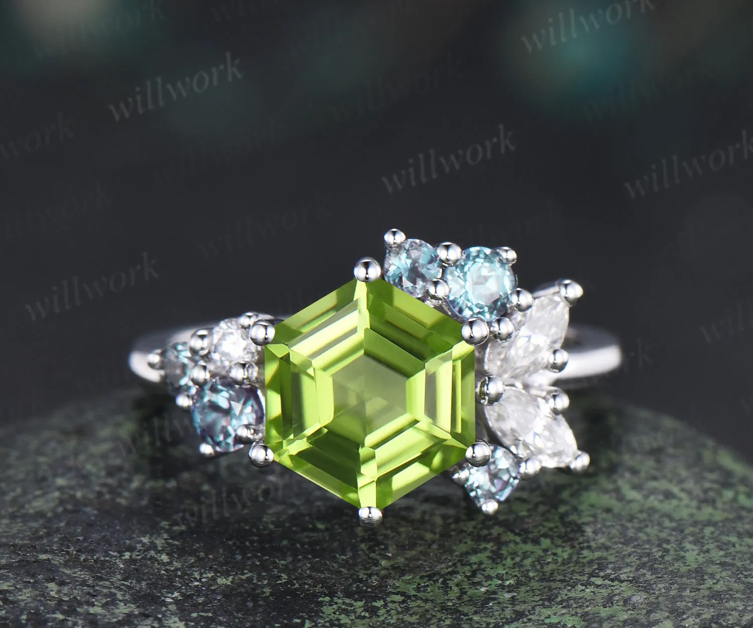 Hexagon cut peridot engagement ring cluster alexandrite marquise moissanite bridal ring gifts for women sold by Willwork Jewelry product image thumbnail 2