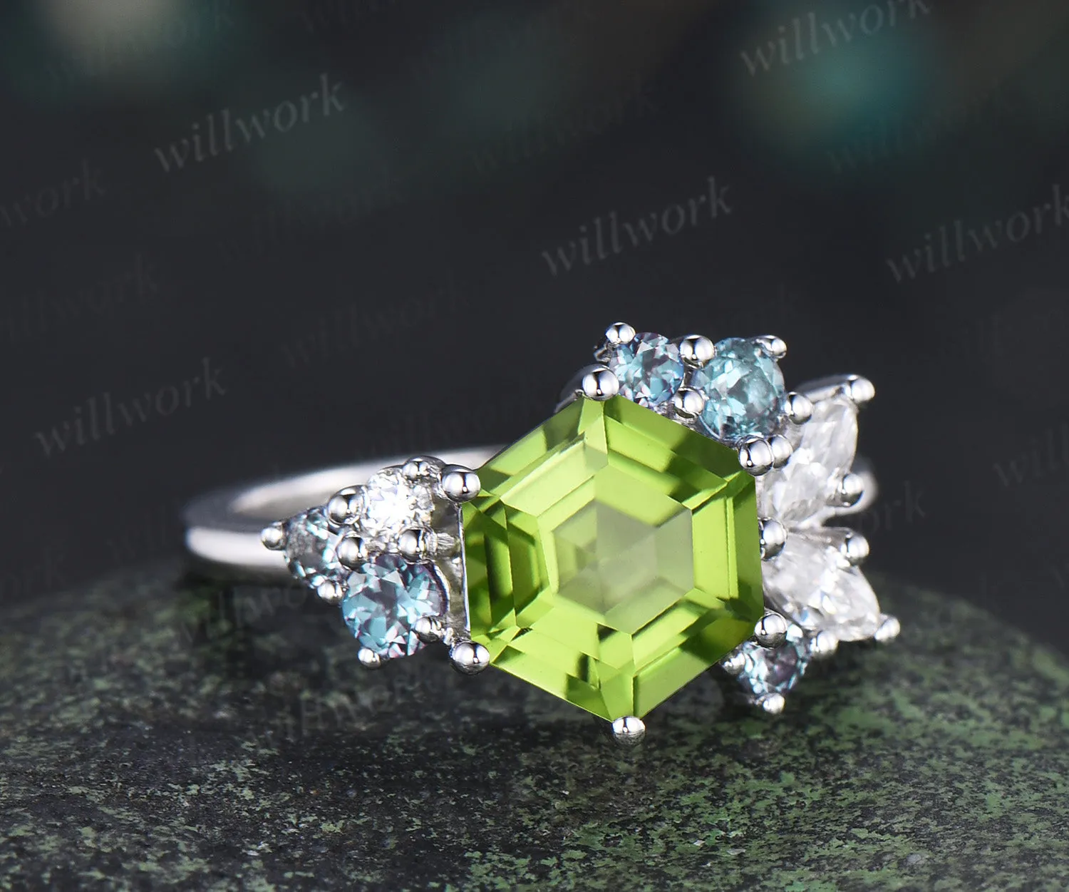 Hexagon cut peridot engagement ring cluster alexandrite marquise moissanite bridal ring gifts for women sold by Willwork Jewelry