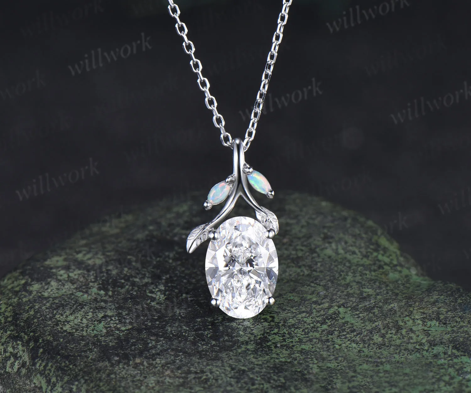 Oval Lab grown diamond necklace nature inspired accent opals elegant pendant necklace anniversary gifts sold by Willwork Jewelry