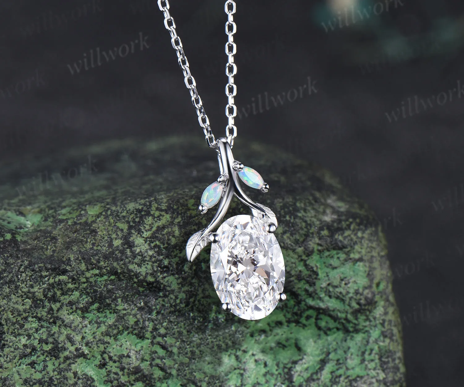 Oval Lab grown diamond necklace nature inspired accent opals elegant pendant necklace anniversary gifts sold by Willwork Jewelry product image thumbnail 3