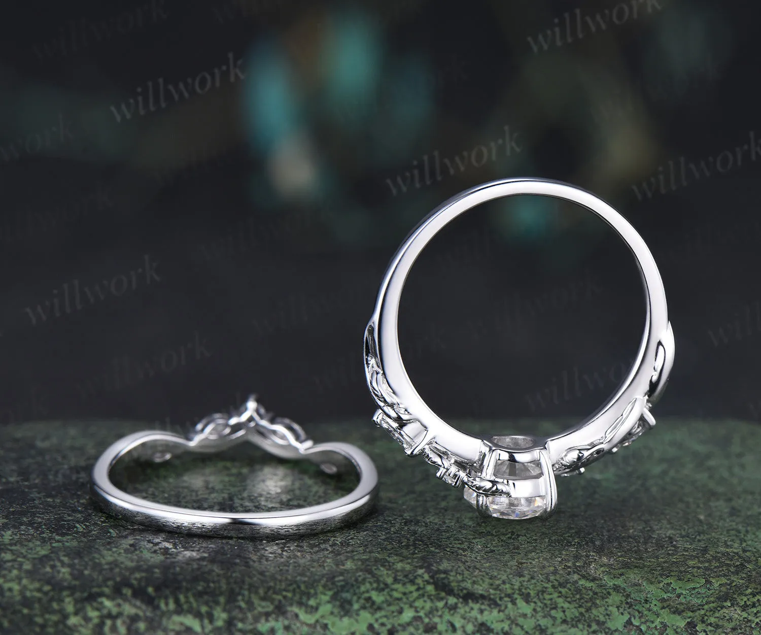 6.5mm Lab grown diamond engagement ring set nature inspired leaf vine ring unique diamond bridal set sold by Willwork Jewelry product image thumbnail 4