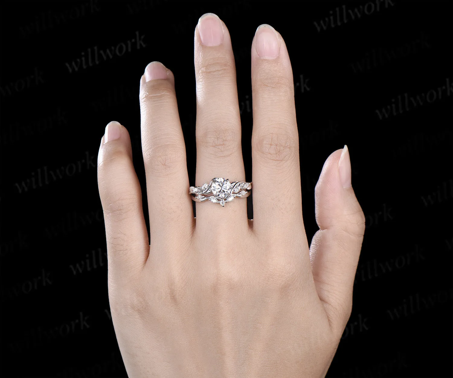 6.5mm Lab grown diamond engagement ring set nature inspired leaf vine ring unique diamond bridal set sold by Willwork Jewelry product image thumbnail 2