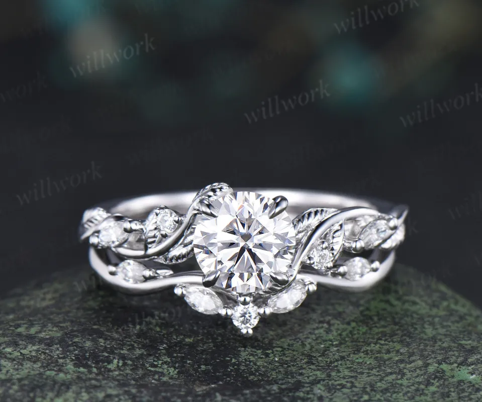6.5mm Lab grown diamond engagement ring set nature inspired leaf vine ring unique diamond bridal set sold by Willwork Jewelry