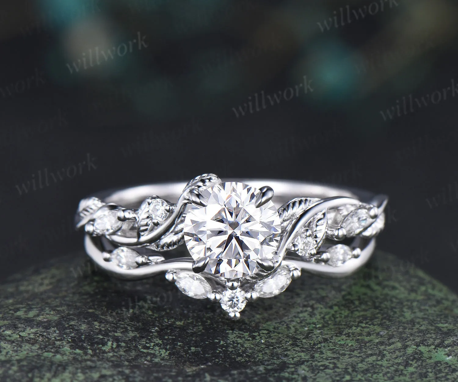 6.5mm Lab grown diamond engagement ring set nature inspired leaf vine ring unique diamond bridal set sold by Willwork Jewelry