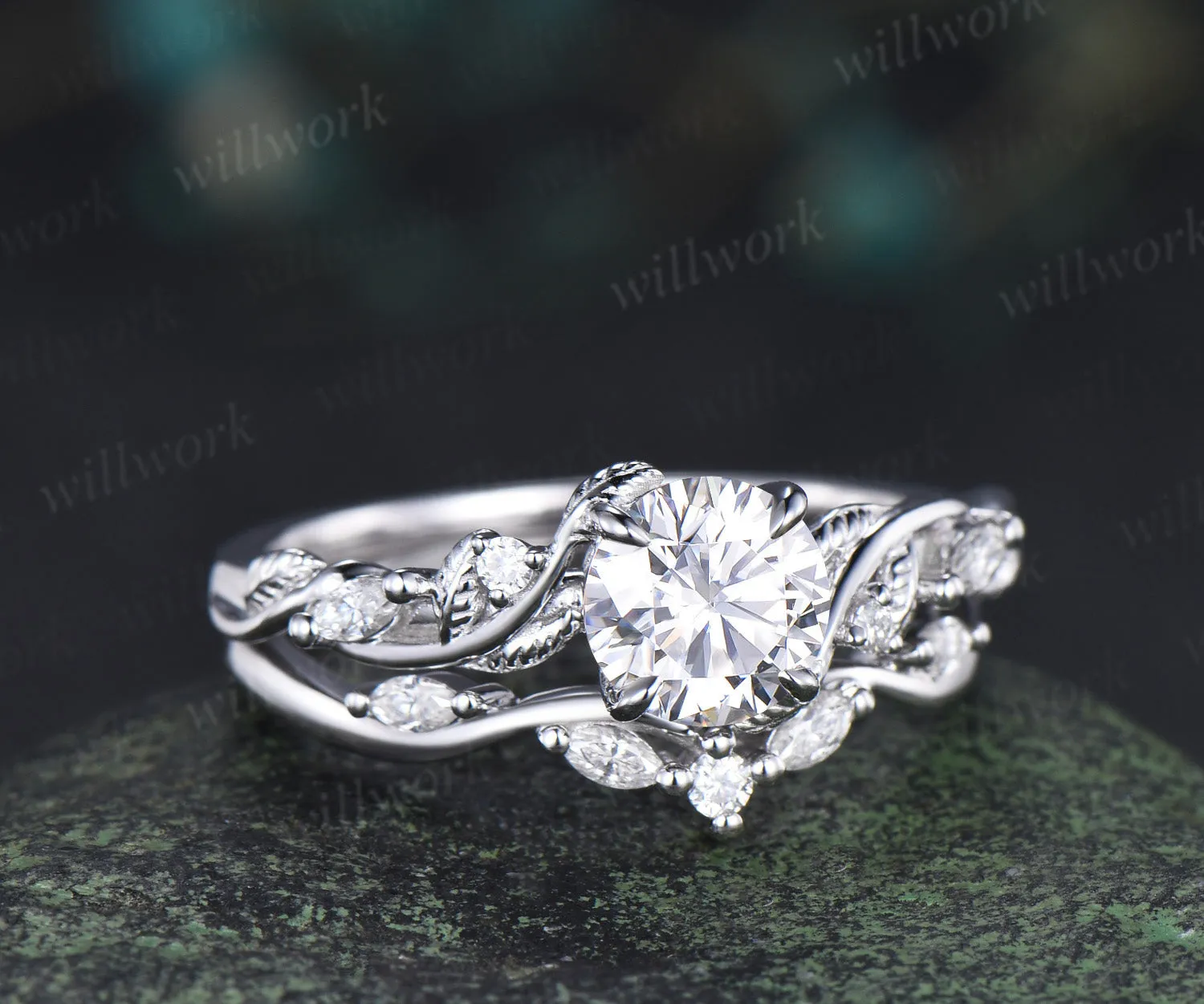 6.5mm Lab grown diamond engagement ring set nature inspired leaf vine ring unique diamond bridal set sold by Willwork Jewelry product image thumbnail 3
