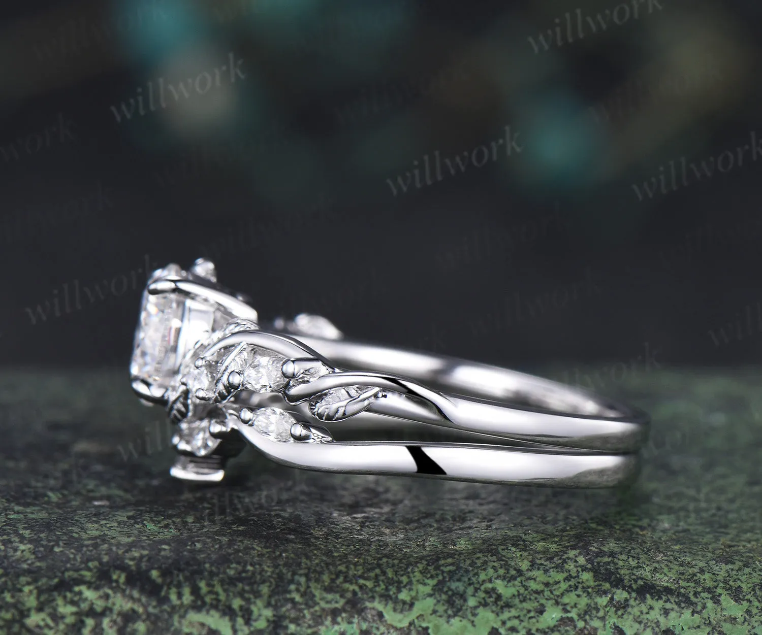 6.5mm Lab grown diamond engagement ring set nature inspired leaf vine ring unique diamond bridal set sold by Willwork Jewelry product image thumbnail 5