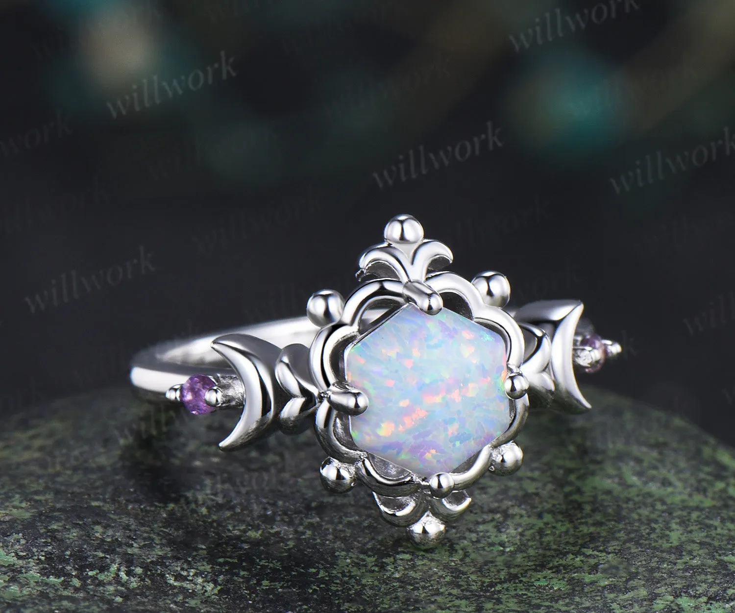 Hexagon opal moon ring amethyst vintage floral crown engagement ring unique gothic opal promise fing sold by Willwork Jewelry product image thumbnail 3