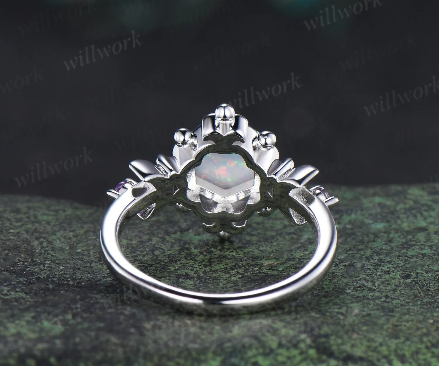 Hexagon opal moon ring amethyst vintage floral crown engagement ring unique gothic opal promise fing sold by Willwork Jewelry product image thumbnail 4