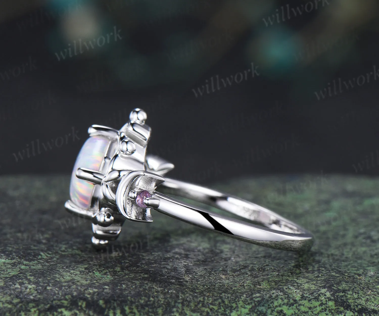 Hexagon opal moon ring amethyst vintage floral crown engagement ring unique gothic opal promise fing sold by Willwork Jewelry product image thumbnail 5