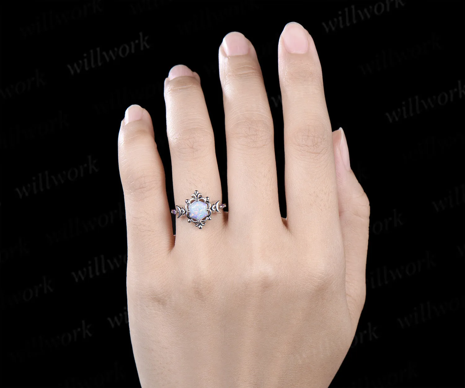 Hexagon opal moon ring amethyst vintage floral crown engagement ring unique gothic opal promise fing sold by Willwork Jewelry product image thumbnail 2